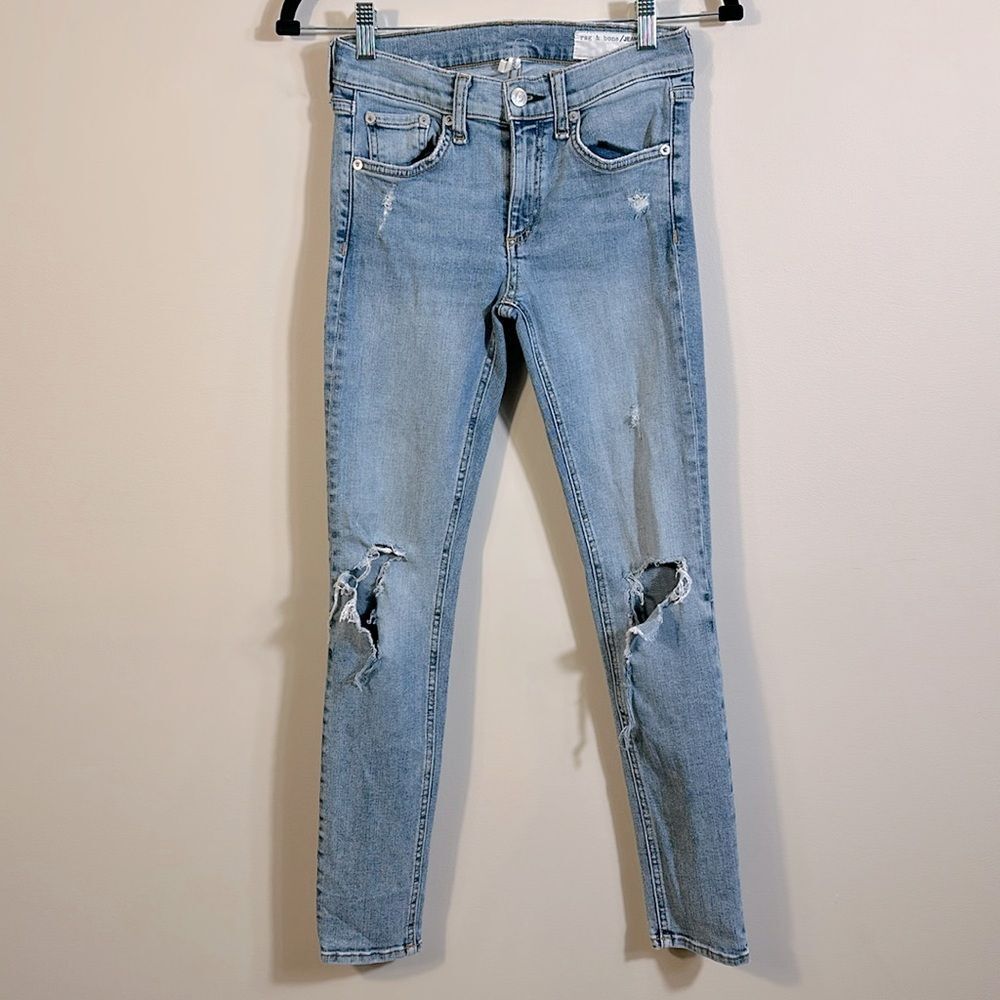Rag & Bone Blue Distressed Destroyed Ankle Skinny Color Double Women Jeans 25